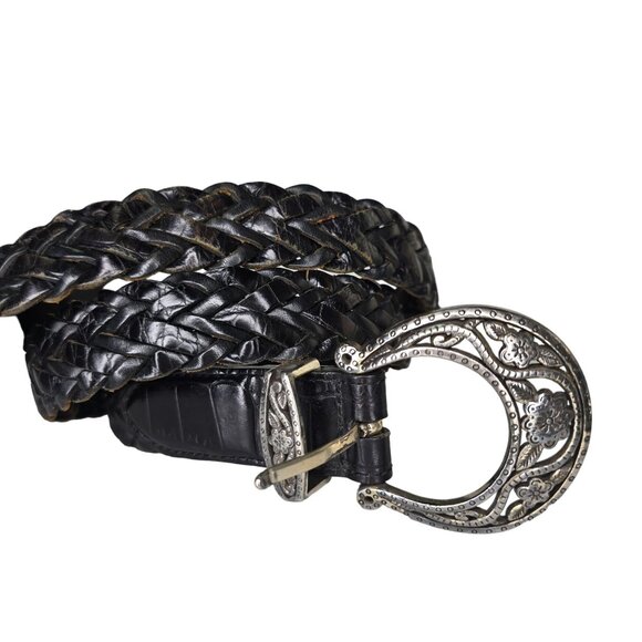 Vintage Brighton Braided Leather Belt With Ornate Metal Buckle Size 30 M Black - Picture 8 of 8